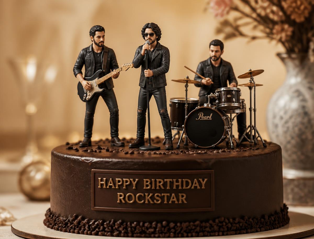 Hand-sculpted band cake topper figurines with guitar, microphone and drums on a cake