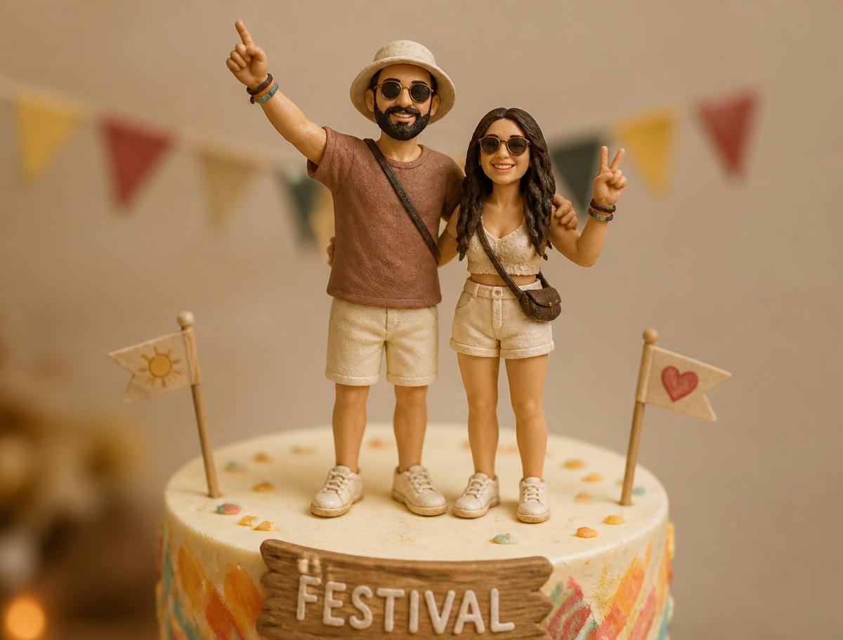 Hand-sculpted festival cake topper figurines with bucket hat and sunglasses on a cake