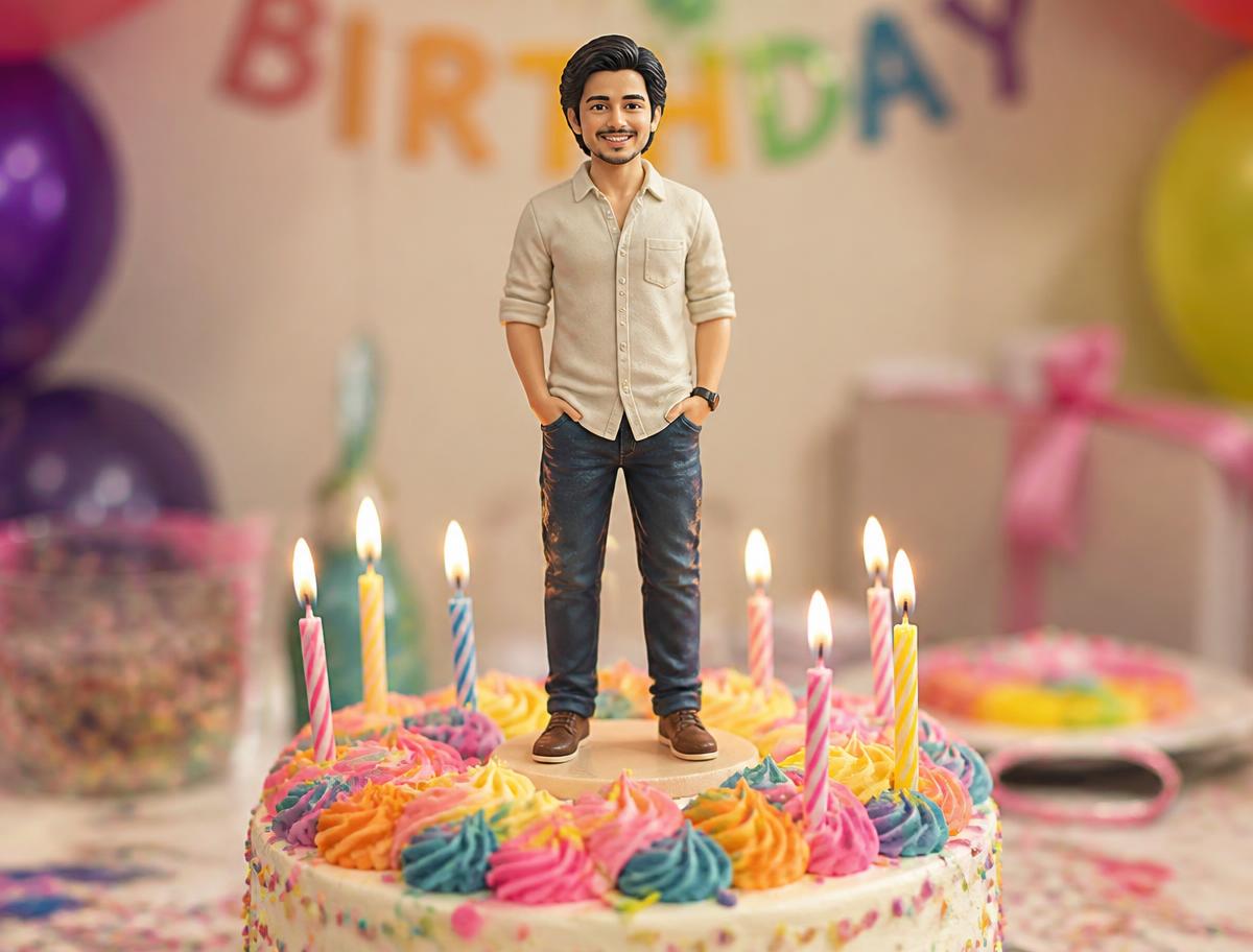 Personalized birthday cake topper figurine on a birthday cake