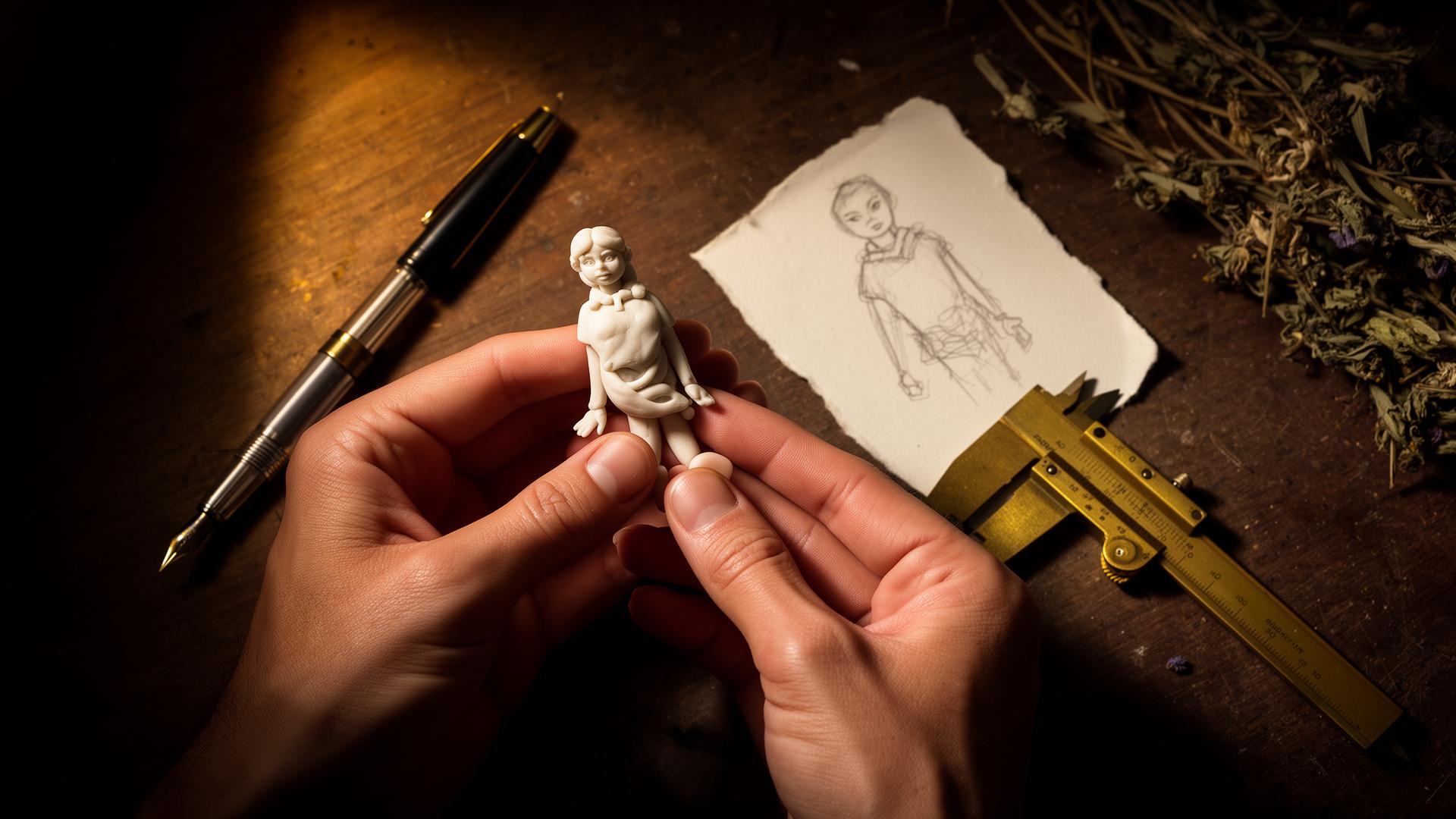 Artisan hands holding an unfinished polymer clay figurine next to a sketch and tools
