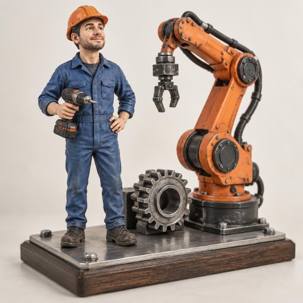 Der Mensch an der Maschine. Vollständiges Modell mit Sockel.