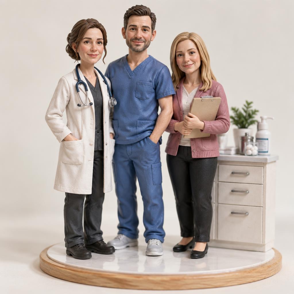 Das Praxisteam in Miniatur. Vollständiges Modell mit Sockel.