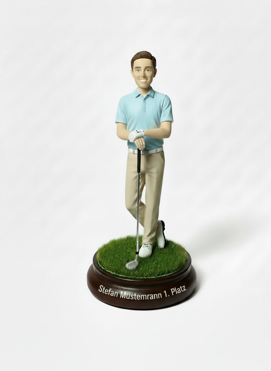 Personalized golf figurine on artificial grass base – handcrafted by Wackelwelt