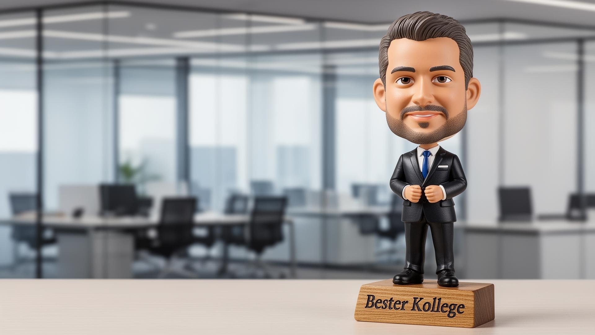 Handmodellierte Business-Wackelfigur im Anzug auf einem Holzsockel mit der Aufschrift Bester Kollege