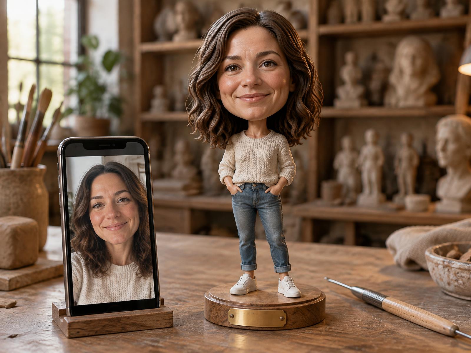 Hand-sculpted custom bobblehead next to a smartphone showing a simple selfie – just one photo needed
