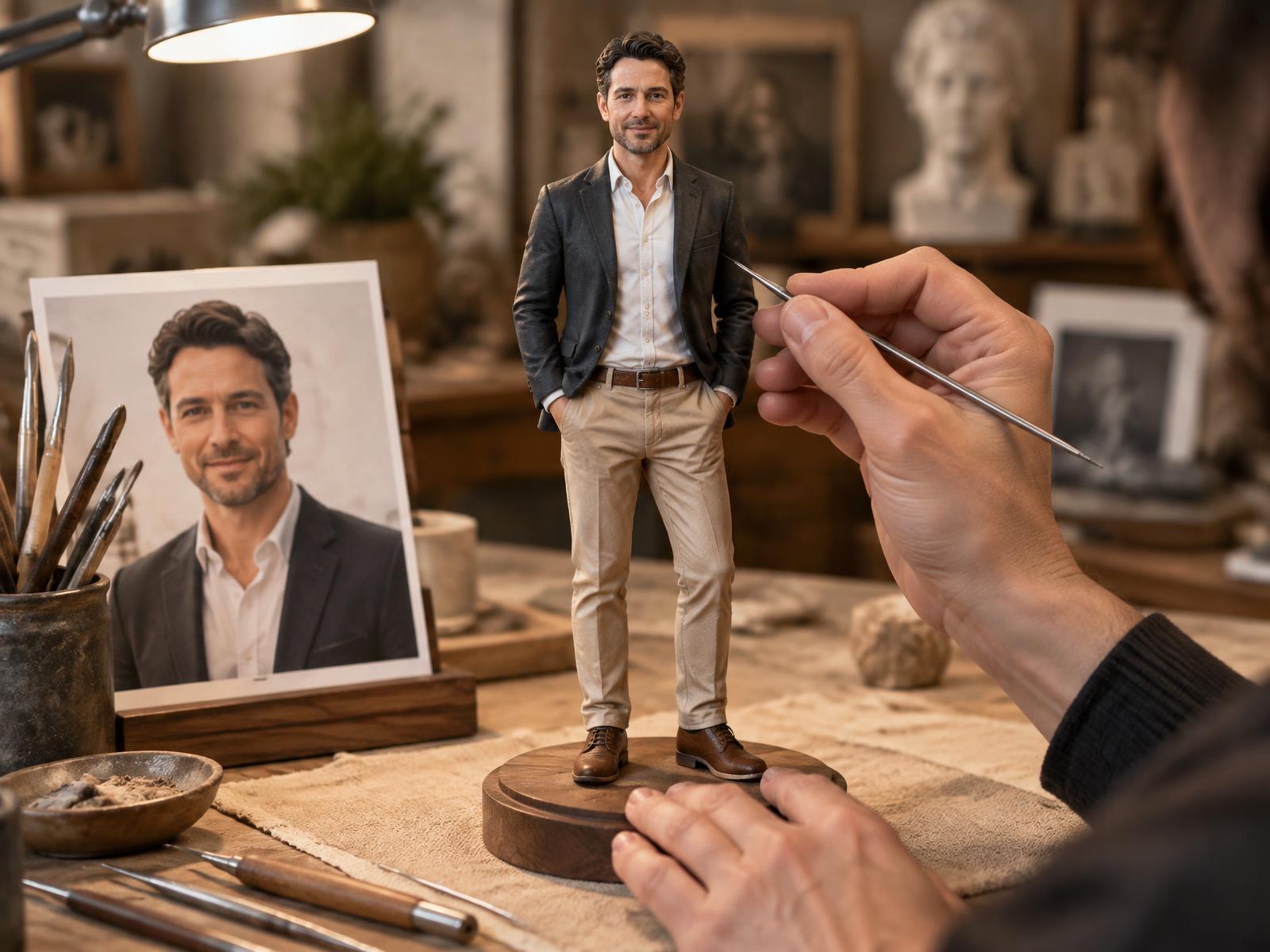 Realistically sculpted portrait figurine based on a reference photo during fine atelier work