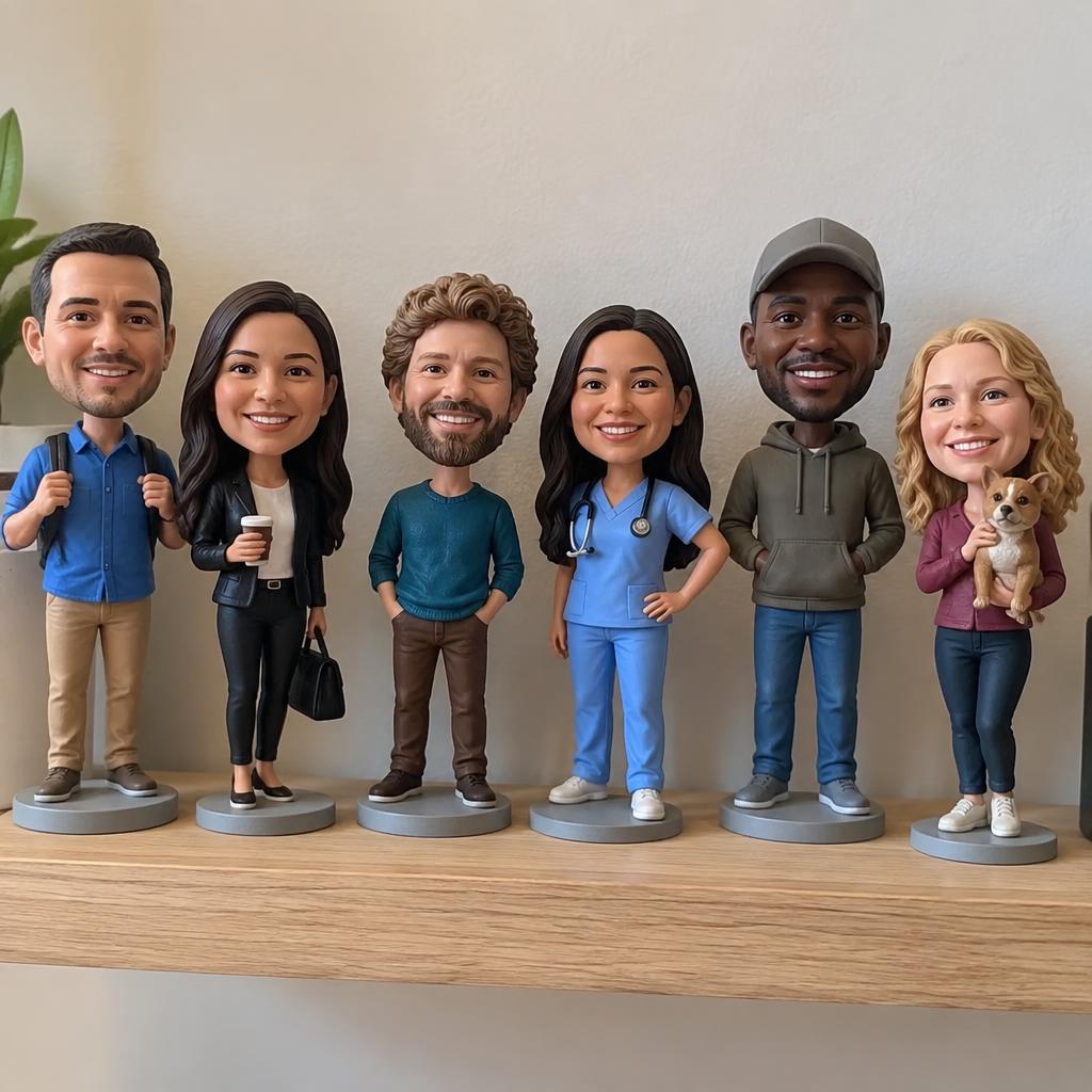 Hand-sculpted bobblehead figures of real customers on wooden bases