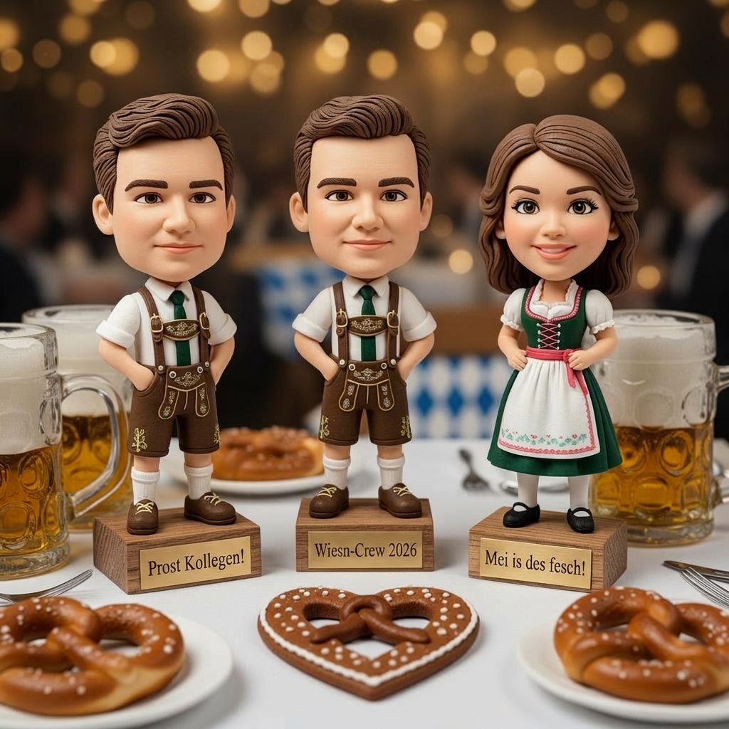 Personalized Oktoberfest bobbleheads on company celebration table with beer stein, pretzel and gingerbread heart