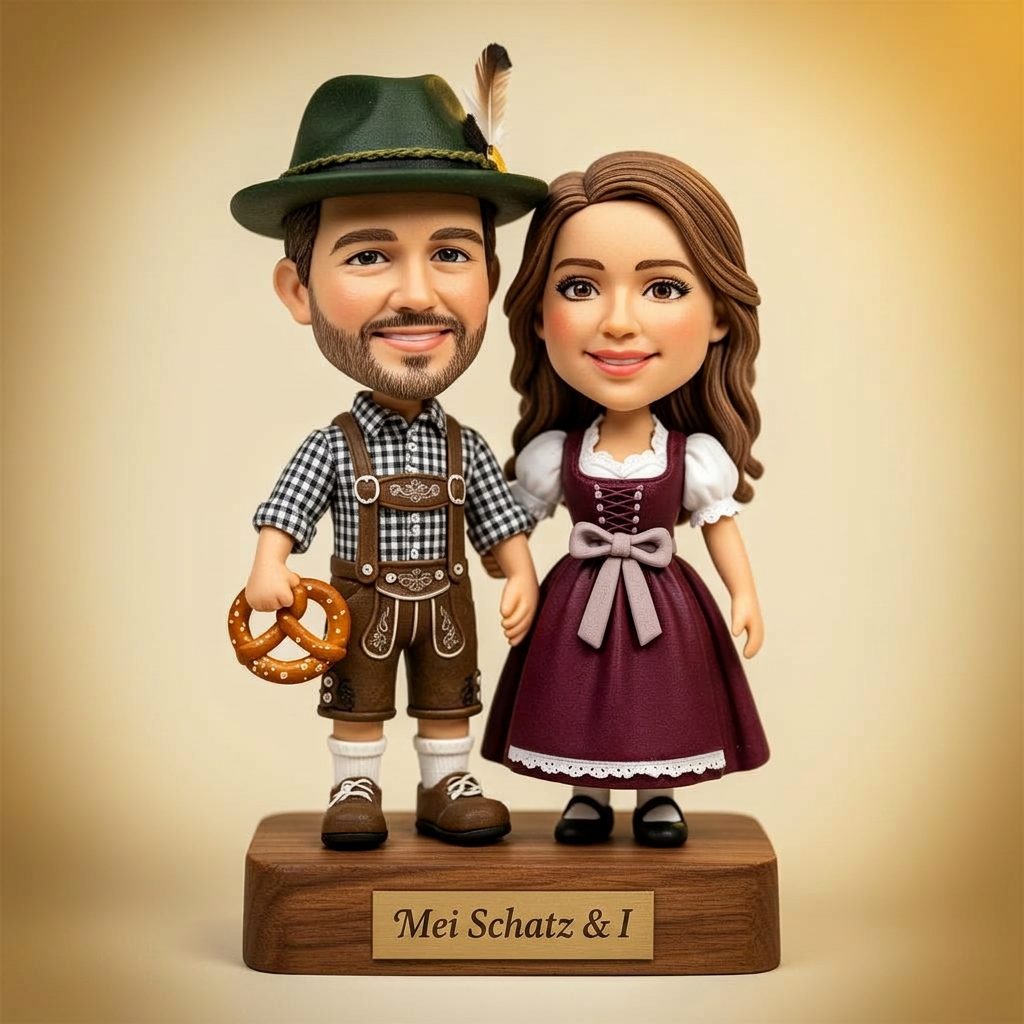 Personalized bobblehead couple in dirndl and lederhosen with Bavarian pretzel