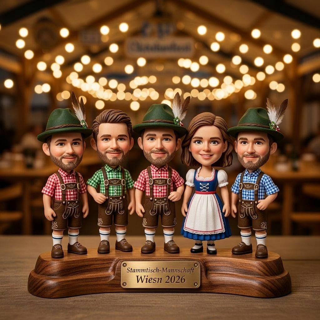 Five personalized bobbleheads as club group in Bavarian traditional dress in beer tent