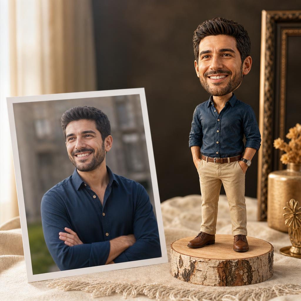 Personalized bobblehead made from a photo with a nodding head on a wooden base