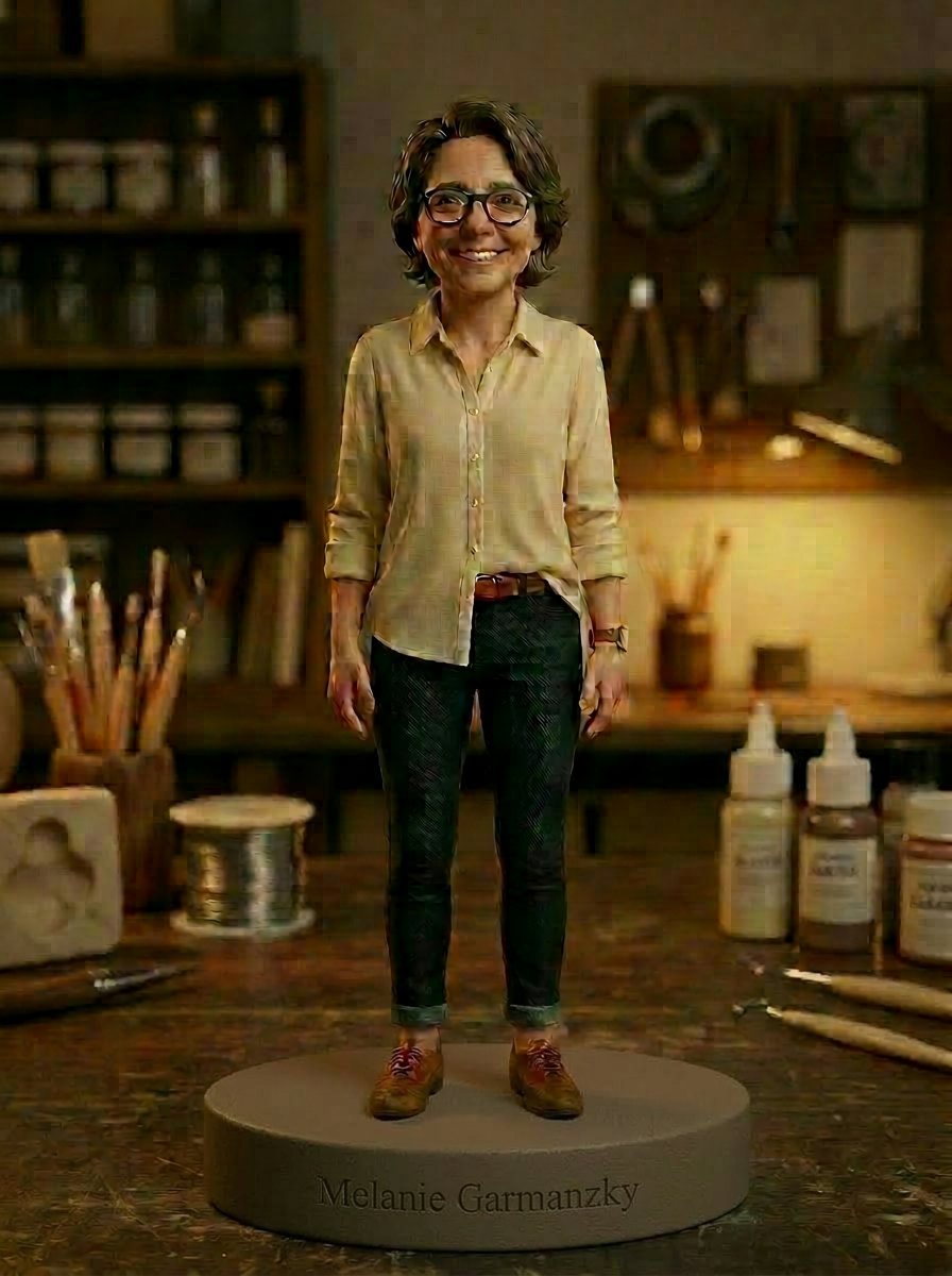 Melanie Garmanzky – Heart & Mind of Wackelwelt as a hand-sculpted bobblehead from the WobbleWorld workshop