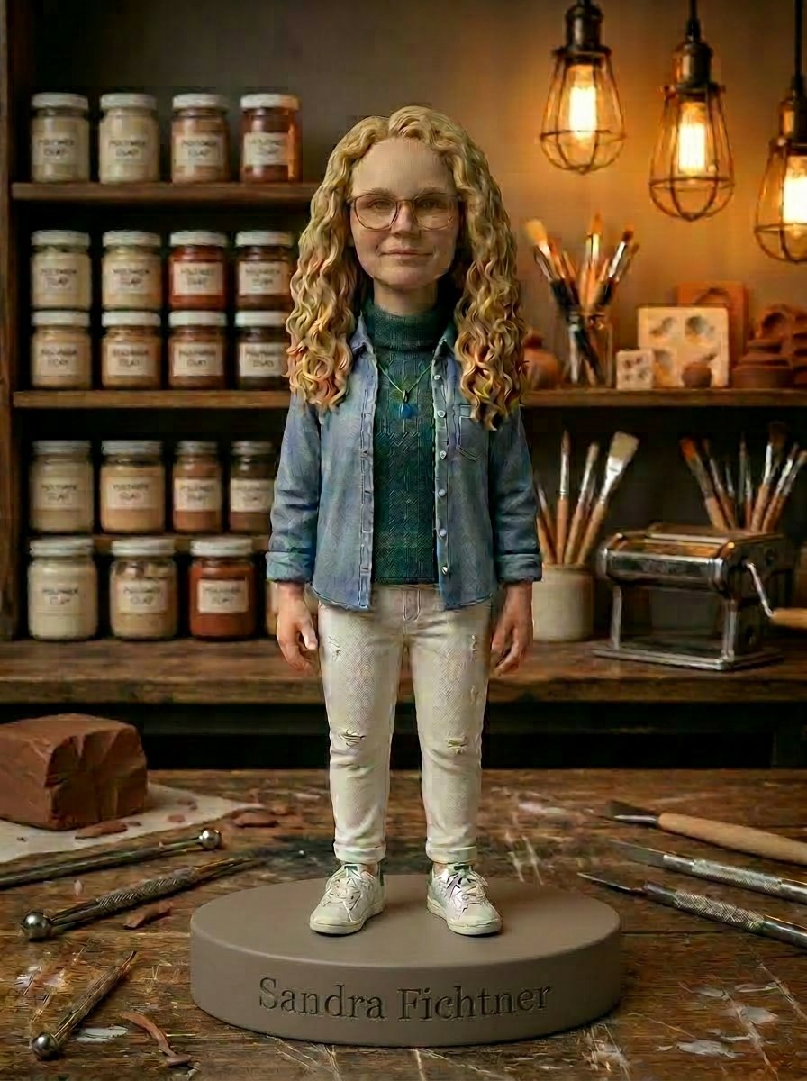 Sandra Fichtner – Customer Whisperer & Office Compass as a hand-sculpted bobblehead from the WobbleWorld workshop