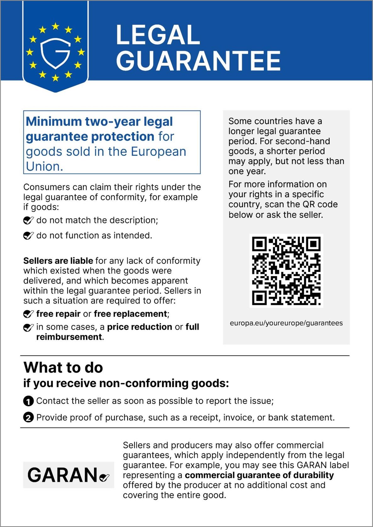 EU legal guarantee label: minimum 2-year legal guarantee of conformity