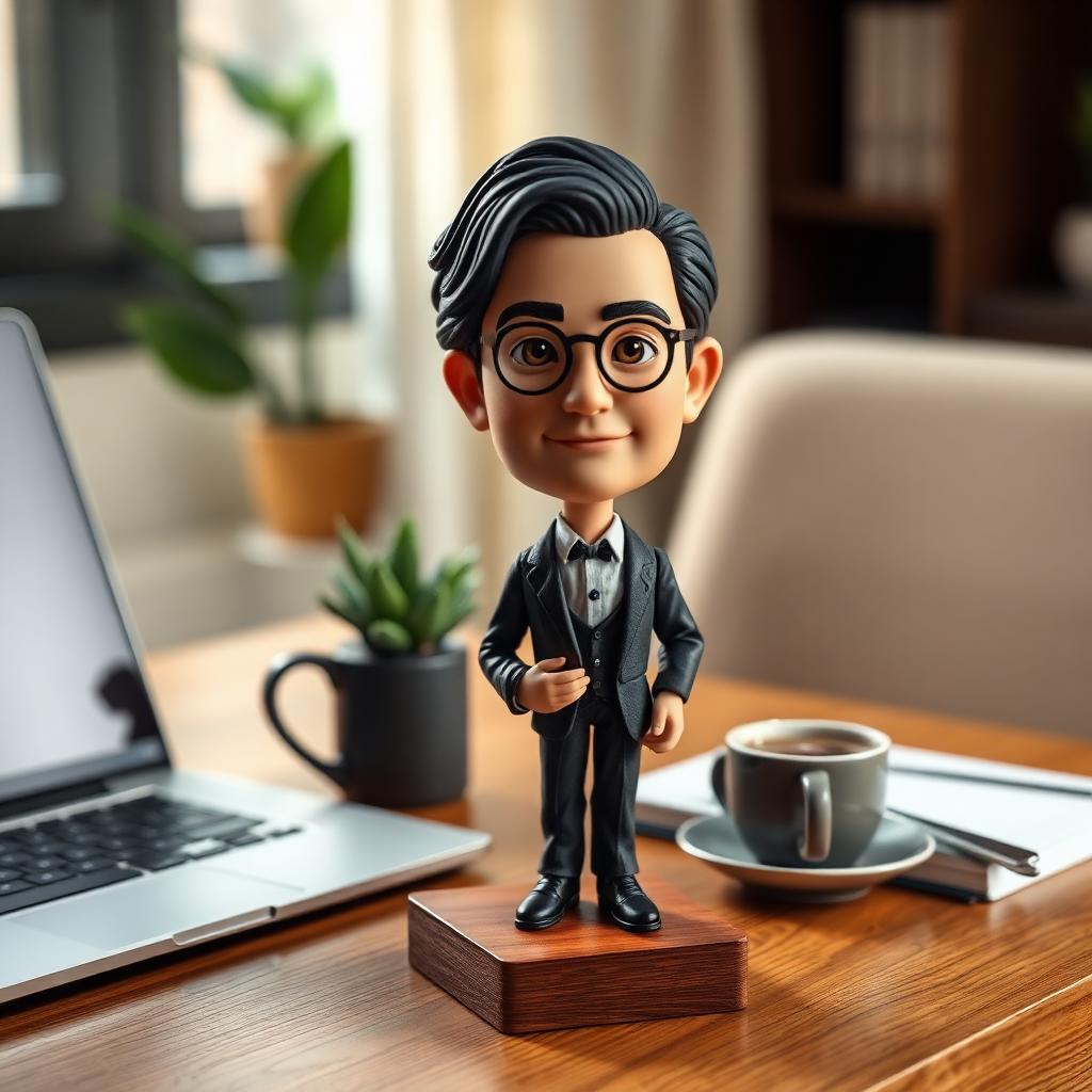 Hand-sculpted polymer clay bobblehead on a wooden base